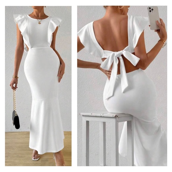 White Ruffle Sleeve Maxi Semi-Backless Dress - Picture 2 of 3